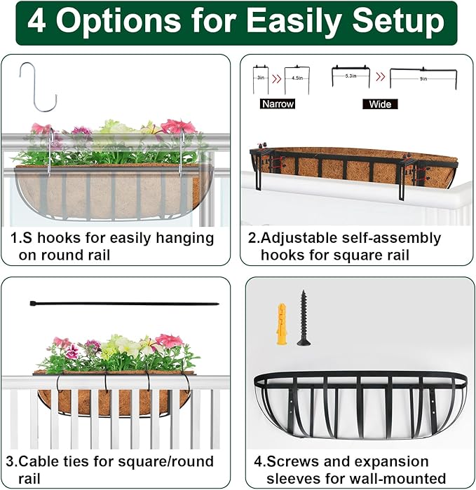 DUNCHATY Railing Planter Window Box - 2 Pack 24" Horse Trough Planter with Coco Fiber Liner - Deck Balcony Rail Planter for Porch Fence Patio Outdoor