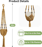 USLAI Macrame Plant Hanger Indoor Outdoor, Fits 3 to 6.5 inch Pots, Hanging Planter Holder with Beads and Tassels, Boho Home Decor, 35+35 Inch, Brown (POTS NOT Included)