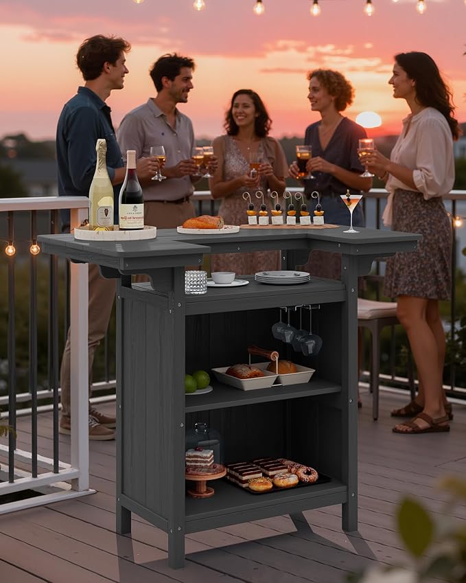 SERWALL Outdoor Bar Table,Patio Bar Cabinet with 4-Tier Storage and Spacious Tabletop for Outside,Poolside, Backyard,Made of HDPE,Gray