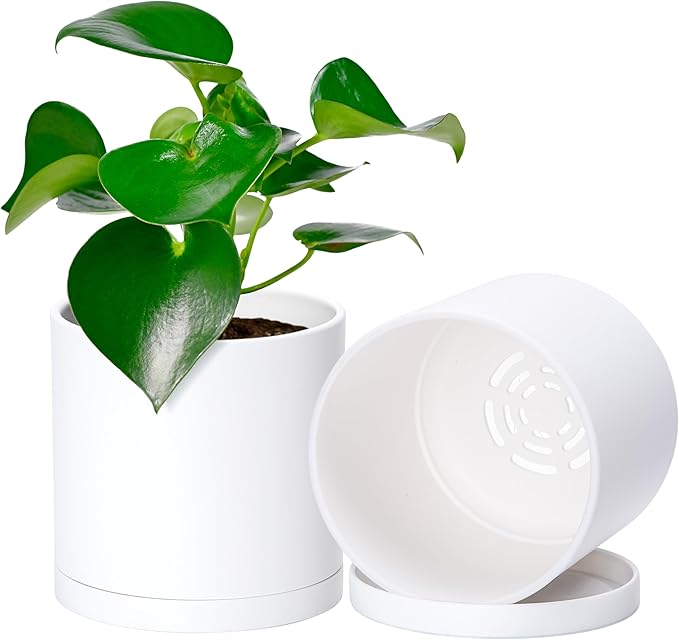 Planter Pots, Set of 2 Modern Matte White Plastic with Drainage and Saucers