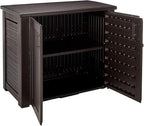 Rubbermaid Decorative Outdoor Storage Cabinet (123 Gal) Weather Resistant Dark Brown Organization for Home/Backyard/Pool Chemicals/Toys/Garden Tools/Porch/Patio Cushions