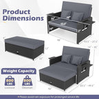 Tangkula Patio Rattan Daybed with 4-Level Adjustable Backrest, Outdoor PE Wicker Loveseat with Storage Ottoman & Folding Side Tray, Double Sunbed Lounger for Balcony, Backyard & Poolside (Grey)