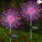 Solar Garden Lights Outdoor, 2 Pack 120 LED Twinkling Firework Lights Decorative with 2 Modes, Outdoor Waterproof Solar Starburst Light for Outside Yard Pathway Garden Decor, Purple + Orange