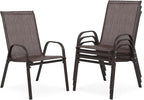 Outdoor Stackable Chairs Set of 4, Stacking Patio Chairs with Textilene Fabric, Outside Furniture for Garden Backyard Balconie Poolside Deck, Brown