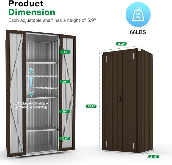 AECOJOY Outdoor Storage Cabinet Waterproof with Adjustable Shelves, Vertical Tall Garden Outdoor Cabinet, Sheds & Outdoor Storage Clearance Cabinet Weatherproof for Outside in Brown
