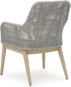 Signature Design by Ashley Seton Creek Cottage Nuvella Weather Resistant Fabric Outdoor Dining Arm Chair with Cushion, Set of 2, Light Brown & Light Gray