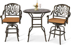 VIVIJASON 3-Piece Patio Swivel Bar Stools Set, All Weather Cast Aluminum Outdoor Bar Height Bistro Set with 2 Cushioned Bar Chairs & 35.4" High Bar Table w/Umbrella Hole for Backyard, Lawn, Garden