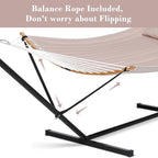 SUNCREAT 55 Inch Large Double Hammock with Stand, 450lbs Capacity, Outdoor Portable Hammock with Curved Spreader Bar, Extra Large Pillow, Tan