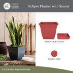 The HC Companies Eclipse Square Plastic Planter w/Attached Saucer - Outdoor & Indoor Plant Pot with Drainage Holes - Lightweight, UV-Resistant Plastic Pots for Plants (8" Rose, Pack of 1)