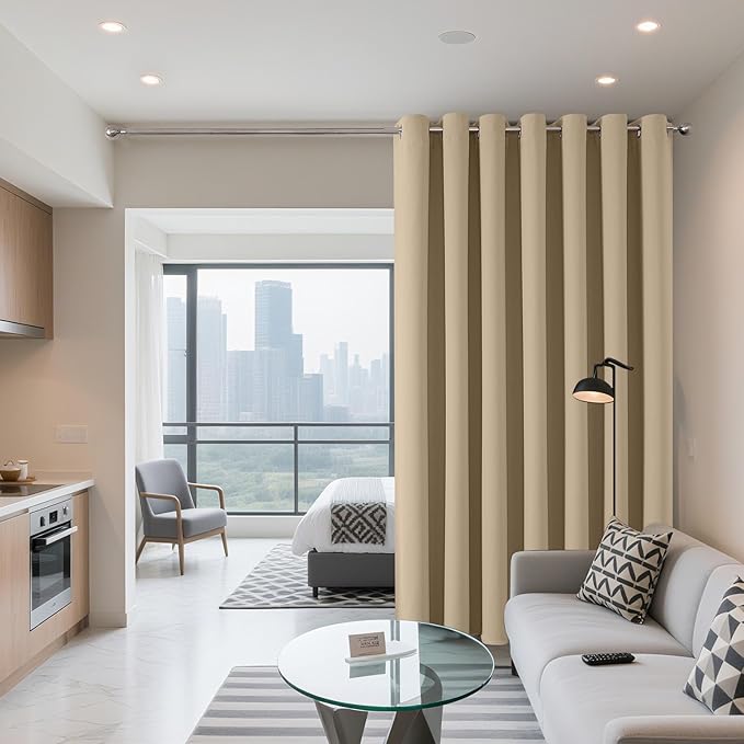 Joydeco Blackout Patio Sliding Door Curtains 96 Inches Long, Grommet Privacy Room Divider Curtains, Extra Wide Thermal Blackout Drapes for Bedroom Living Room (Light Beige, 60Wx96L, 1 Panel)