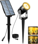 T-SUNUS Christmas Solar Landscape Spotlights Warm White 3000K Metal Lights, Garden Spot Light IP65 Waterproof 9.8ft Cable, 2000mAh Separated Panel, Auto On/Off for Halloween Tree Flag Driveway Pathway