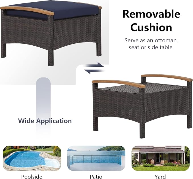 Wicker Ottomans Set of 2 with Zippered Cushions, Navy PE Rattan