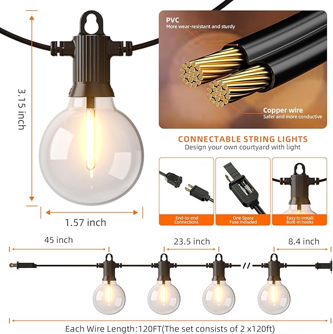 String Lights 240 FT Outdoor LED Waterproof G40 Globe Bulbs