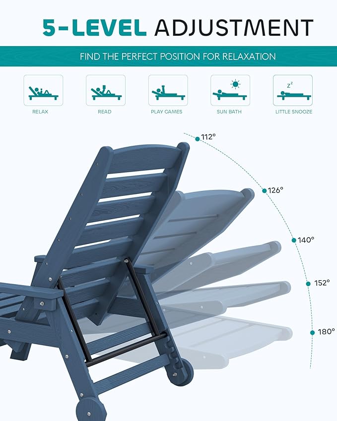 Chaise Lounge Chair, 5-Position Adjustable HDPE Outdoor Lounger with Wheels
