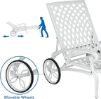 VINGLI Cast Aluminum Outdoor Chaise Lounge Chair with Wheels, Patio Chaise Lounge with 3-Position Adjustable Backrest, Tanning Chair Reclining Chair for Poolside (White, Without Cushion)