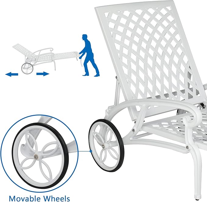 VINGLI Cast Aluminum Outdoor Chaise Lounge Chair with Wheels, Patio Chaise Lounge with 3-Position Adjustable Backrest, Tanning Chair Reclining Chair for Poolside (White, Without Cushion)