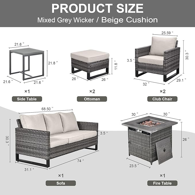 Belord 7 Pieces Patio Furniture Set with 50000BTU Propane Fire Pit Table: Wicker Patio Conversation Set with Outdoor Club Chairs Patio Couch Metal Side Table, All Weather Brown Rattan