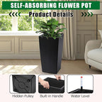 30 Inch Tall Self Watering Planters Set of 2, Outdoor Plant Pots with Automatic Watering System, Water Level Monitor, Drainage, Wheels & Inner Bucket, for Front Porch & Indoor Plants Black