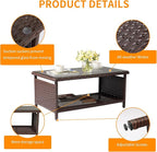 VINGLI Outdoor Wicker CoffeeTable Patio Coffee Tables for Outside, Tempered Glass Top Wicker Table with Storage Coffee Table for Patio Balcony Porch Deck (Brown)