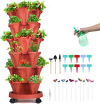GameXcel Vertical Planter, 6 Tier Stackable Strawberry Planter with Garden Tool Set, Movable Indoor/Outdoor Garden Herb Pot for Growing Vegetables and Succulents, Red