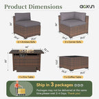 Aoxun 8 Piece Patio Furniture Set with 44” Fire Pit Table Wicker Rattan Outdoor Sectional Sofa Set with Coffee Table and Thickened Cushions, Gray (Waterproof Cover Included)
