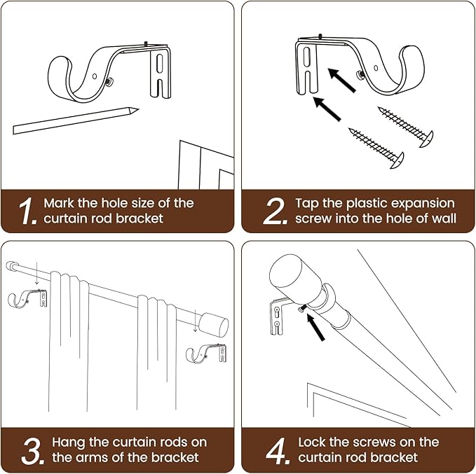 2 PACK 1” Diameter brown curtain rod Itself is 30 to 60 inch. 1 Pack Fits 30-54 inch Windows with Heavy Duty Adjustable brown curtain rods Splicing Metal Extra Long Curtain Rod