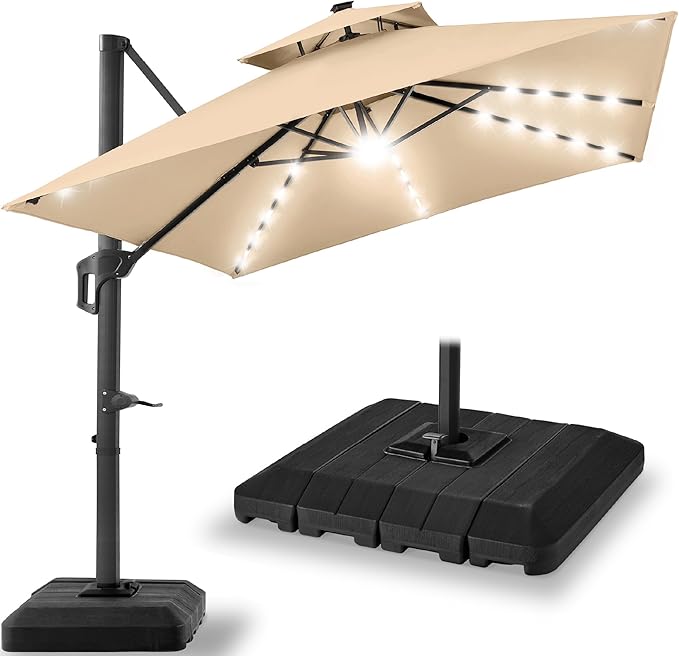 Best Choice Products 9x12ft LED Cantilever Patio Umbrella w/Base Included & 360° Rotation, Large Solar Offset Hanging Outdoor Sun Shade for Deck, Backyard Table w/Stand & Lights – Sand
