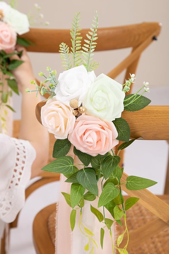 Artificial Flowers Set of 10 Pink Rose Pew Decor with Ribbon Ties