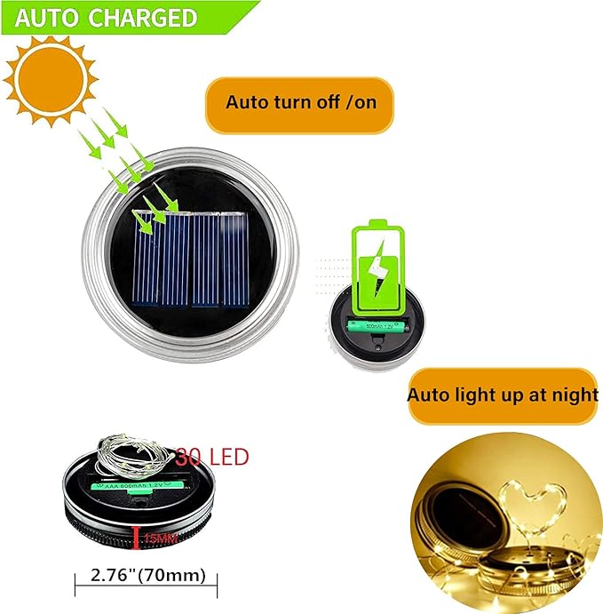 Solar String Lights, 12 Pack Mason Jar Lid Lights, 30 Warm White LEDs