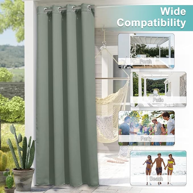 NICETOWN Outdoor Curtainch for Patio Waterproof 140 inch Wide, Rustproof Grommet Thermal Insulated UV Blocking Cabana Curtainch & Drape, Privacy Safe Shade for Gazebo, Sage Green, 1 PC, 84-Inch Long