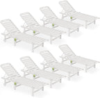 SERWALL Outdoor Chaise Lounge Set of 8, HDPE Pool Lounge Chairs with 5-Position Adjustable Backrest, Patio Loungers with Rolling Wheels & Cup Holder for Pool Sunbathing, White