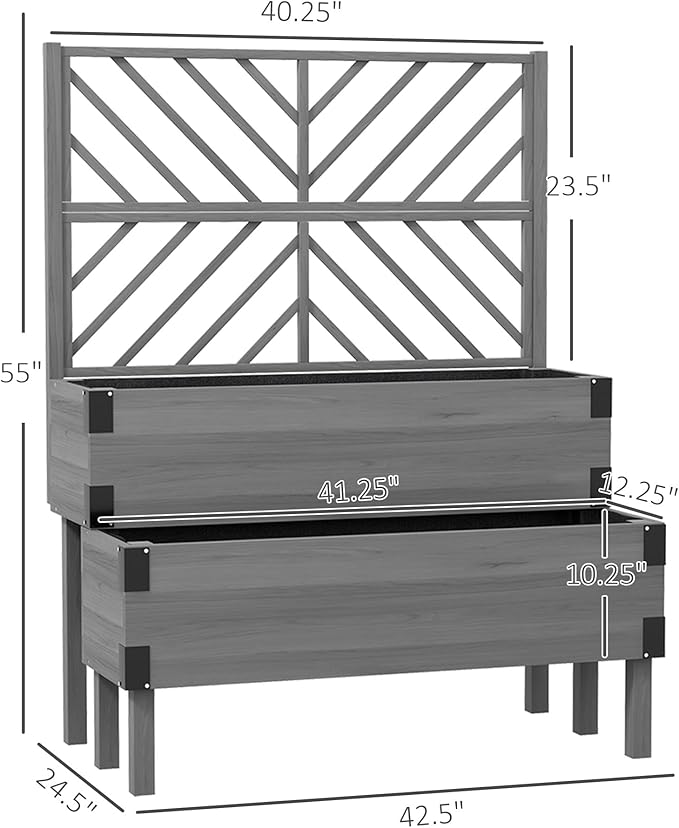 Outsunny Raised Garden Bed with Trellis, 2 Tier Wooden Elevated Planter Box with Legs and Metal Corners for Vegetables, Flowers, Herbs, Gray