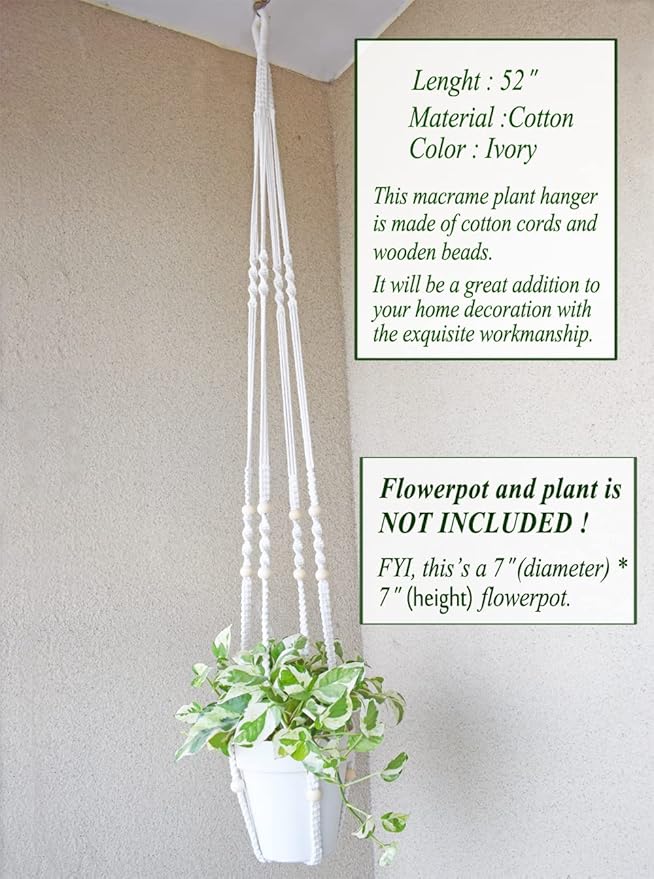 Macrame Plant Hanger Extra Long (52") Indoor Plant Holder with Beads, no Tassel- Long Plant Hanger for Tall Ceiling- Hanging Plant Holder for 6”-14”Pots -(1 Pack)