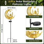Lewondr 2Pcs Ramadan Solar Lights, Ramadan Decorations Outdoor, Metal Yard Signs LED Eid Decorations Mubarak Star Moon Castle, Waterproof Solar Garden Stakes Lights for Walkway Lawn Patio