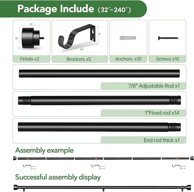 Time Forest Curtain Rods for Windows 32 to 240, 1 Inch Adjustable Black Heavy Duty Long Window Outdoor Curtain Rod for Patio, Modern Drapery Rods with Simple End Caps, Size 32"-240"