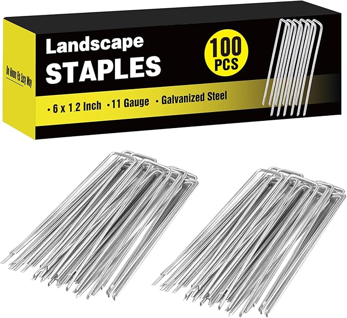HongWay 100 Pack 6 Inch Landscape Staples, Galvanized Garden Stakes 11 Gauge U-shaped Tent Stakes Yard Pins Plant Cover Stakes Ground Staples for Landscaping Fabric, Lawn, Turf, Fence, Irrigation Hose