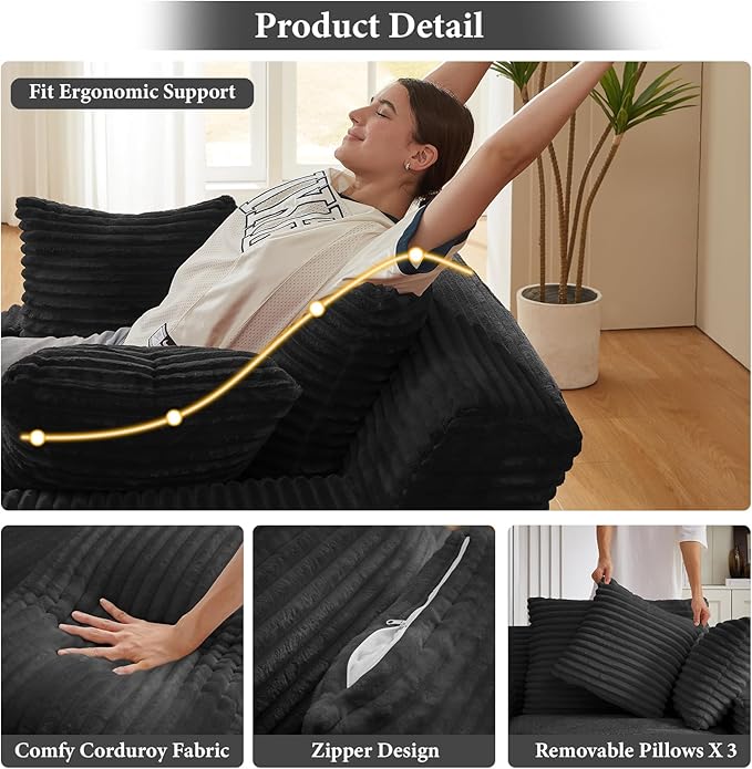 78.7" Chaise Lounge Chair Indoor, Oversized Boneless Couch Comfy Upholstered Sleeper Sofa Bed with 3 Pillows, Corduroy Cloud Reading Chair for Living Room No Assembly Required, Black