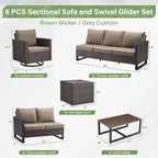 Belord Family Reunion Patio Conversation Set - 6 Piece Outdoor Sectional Furniture Set with Storage Box and Wicker Swivel Glider Chair Set of 2,Removable Gray Cushions for Deck Backyard Sunroom