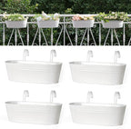 Dahey 4 Pcs Metal Iron Hanging Flower Pots for Railing Fence 15.7 Inch Hanging Bucket Pots Countryside Style Window Flower Plant Holder with Detachable Hooks for Garden Yard Home Decor, White