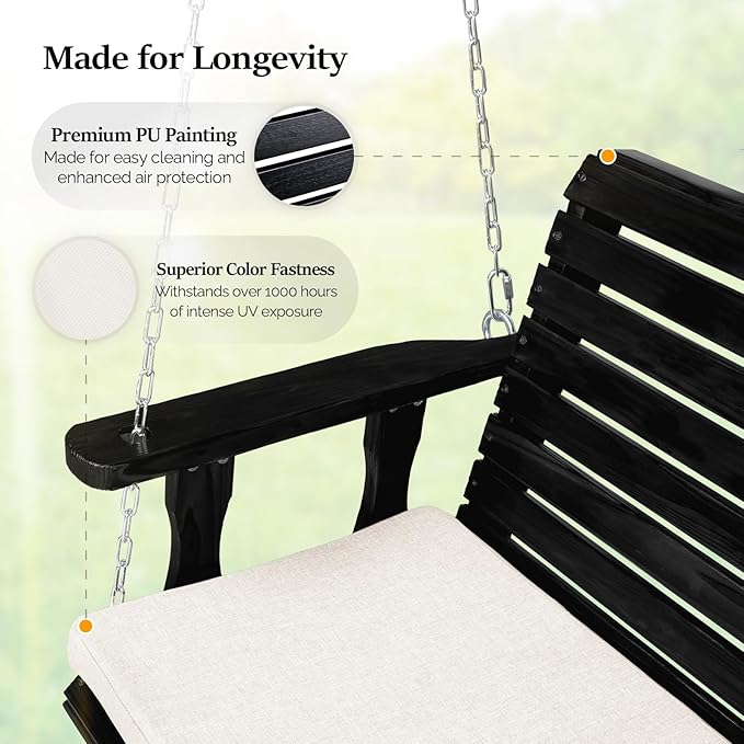 Black Wooden Porch Swing with Adjustable Tilt and 880 lb Capacity