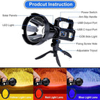 Rechargeable Spotlight Flashlight, Peascat 3,000,000L Lumens LED Handheld Spot Light, 6 Modes, 3 Colored Lenses, Solar & USB-C Charging, Tripod, IPX6 Waterproof for Fishing, Camping, Outdoor Emergency