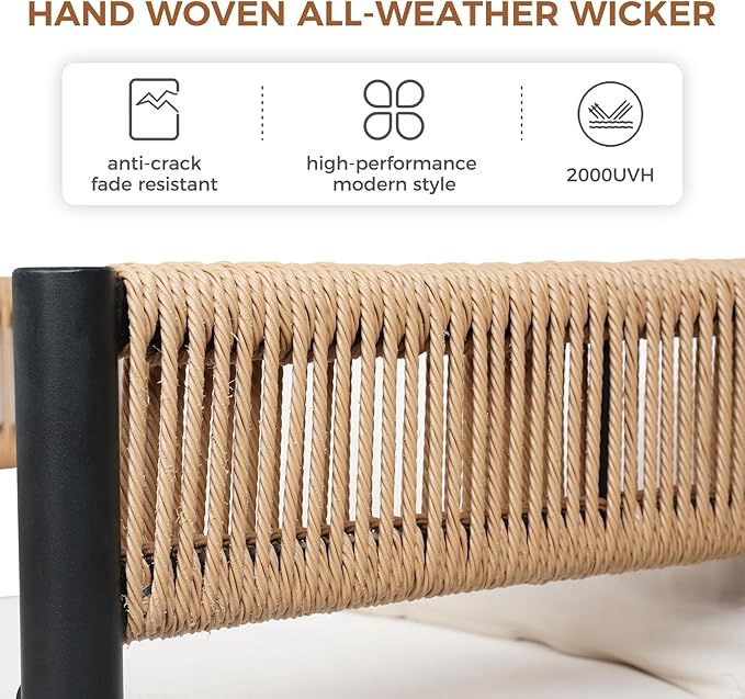 Grand patio 7-Piece Outdoor Dining Set for 6 with 1 Rectangle Expandable Table for 4-6 Person, Metal Woven Wicker Fixed Patio Chairs with Thickened Cushions for Yard, Poolside, Deck (Natural)