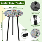 2 Packs Metal Mosaic Round Side Tables 13.4" Small Outdoor Patio Round Accent Coffee Tables Indoor Corner Stand for Small Spaces Weather-Resistant for Balcony, Porch Plant Stands Indoor, Mixed Mosaic