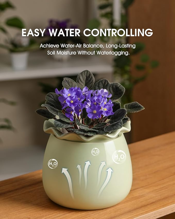 Self Watering Plant Pot, 6 Inch African Violet Pots Maintenance, Ceramic Self-Watering Planter for Indoor Plants - Ideal Flower Pot for Thriving Indoor Gardens, Green