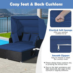 Tangkula Patio Rattan Daybed with Retractable Canopy, Outdoor Wicker Sunbed Lounger with 2 Foldable Side Tables, Thick Seat & Back Cushions, Outside Double Daybed for Garden, Backyard, Porch, Navy