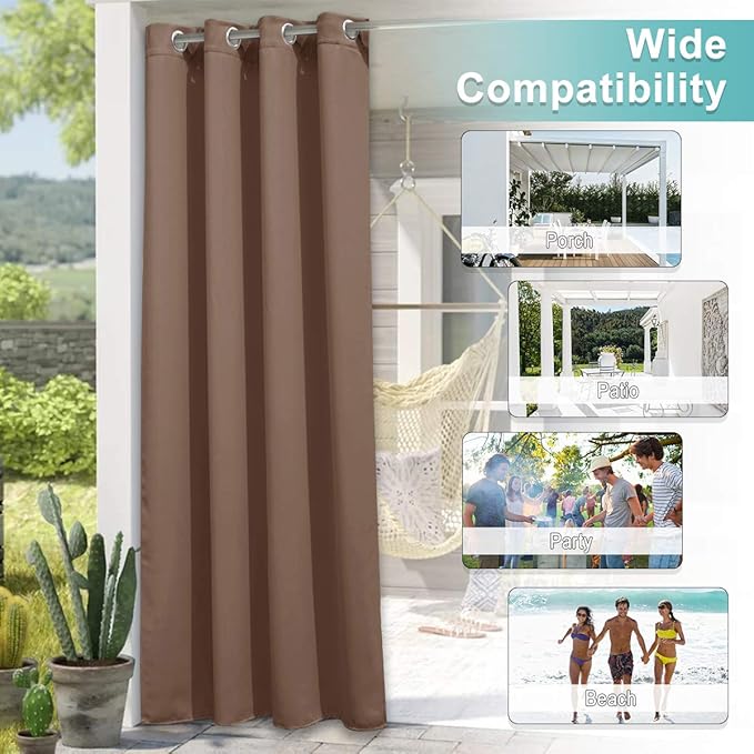 NICETOWN 2 Panels Weighted Patio Curtains Outdoor Waterproof 84 inches Long, Rustproof Grommet Blackout Heavy Weight Privacy Indoor Outdoor Drapes Thermal Curtains for Pergola, Tan