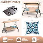 3 Seat Outdoor Porch Patio Swing with Stand 800lbs 2-in-1 Convertible Swing Bed with Adjustable Canopy & Removable Cushion for Yard Garden Deck (Khaki, Round Tube)