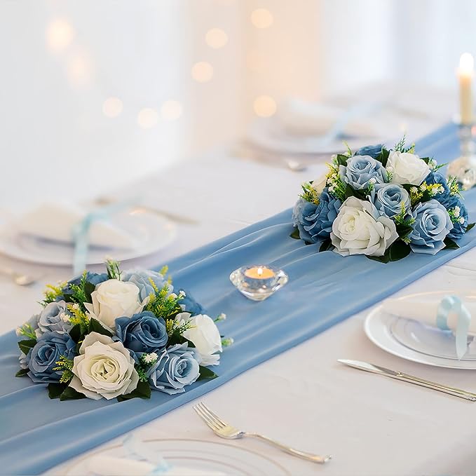 Artificial Flower Balls, Dusty Blue Silk Rose Centerpieces with Baby's Breath