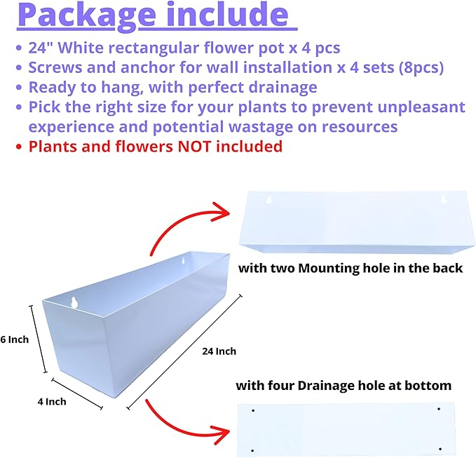 LaLaGreen Wall Planters (24 Inch, 4 Pack) Carbon Steel White Metal Hanging Flower Pots Outdoor for Succulents, Wall Mount Long Rectangular Window Sill Box Fence Floating Garden Shelf for Deck Decor