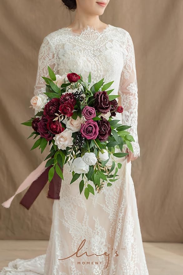 Artificial Cascading Bridal Bouquet in Marsala and Blush, 13 in